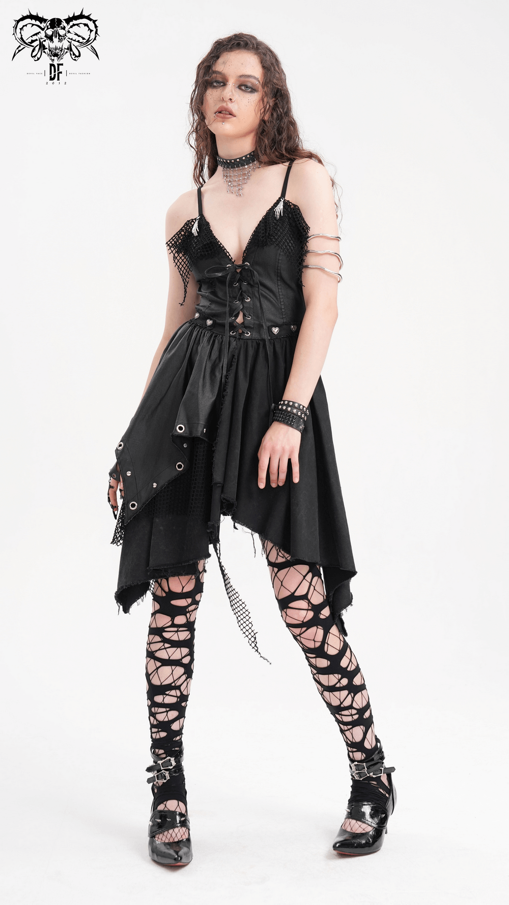 Allure Goth Layered Asymmetric Dress with Lace Detail
