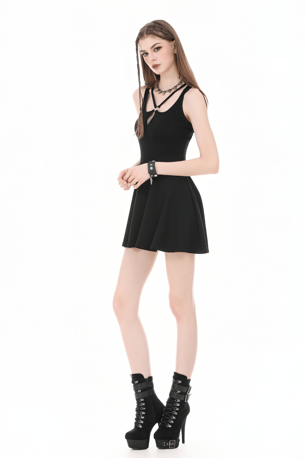 Alternative Halter Mini Dress with Cross Strap Neckline