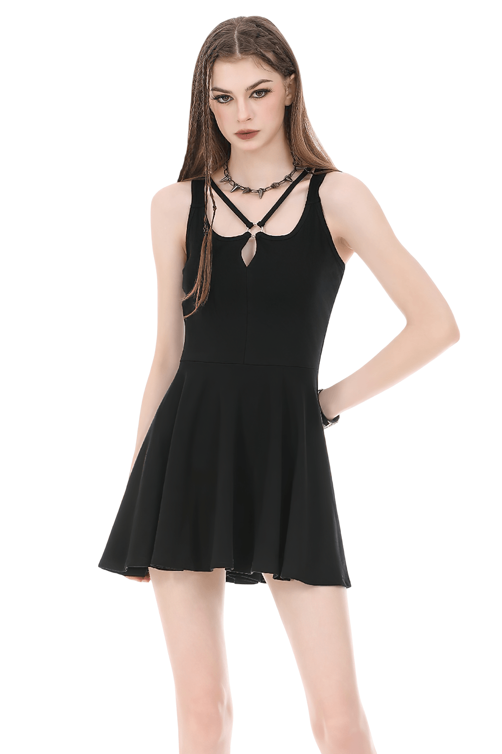 Alternative Halter Mini Dress with Cross Strap Neckline