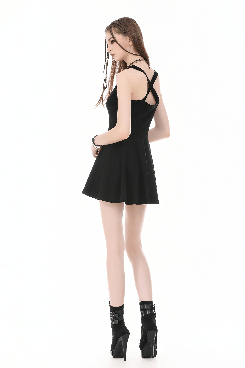 Alternative Halter Mini Dress with Cross Strap Neckline