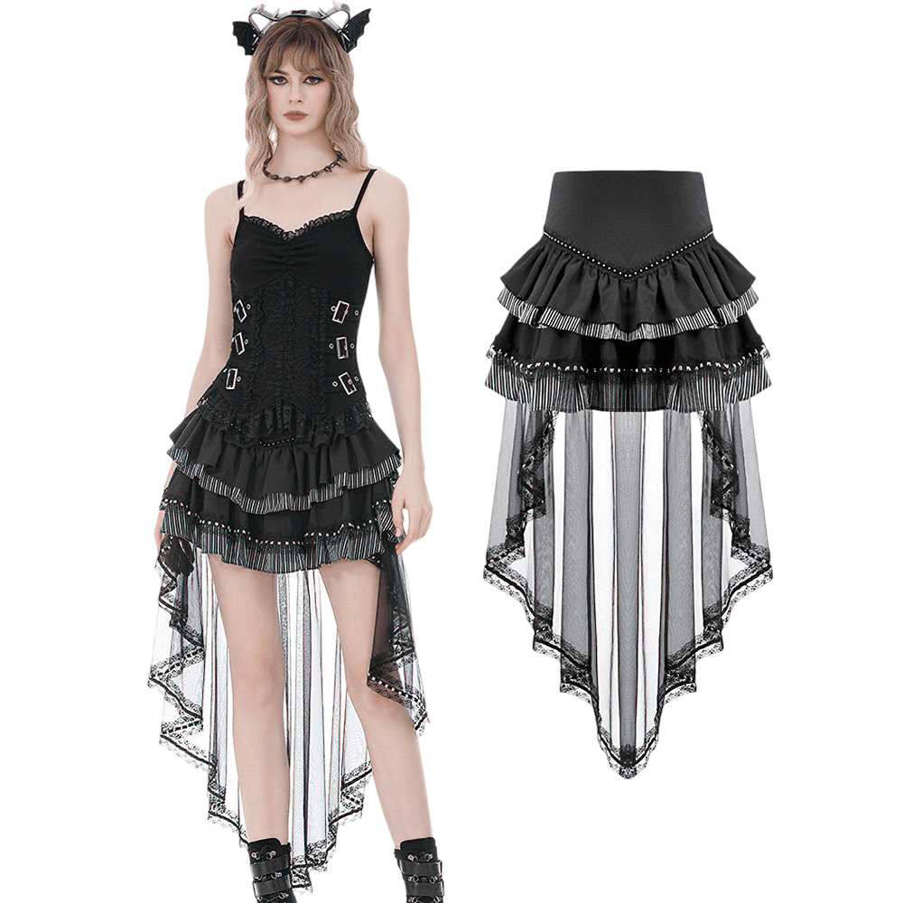 Alternative High Low Ruffle Skirt with Sheer Lace Train