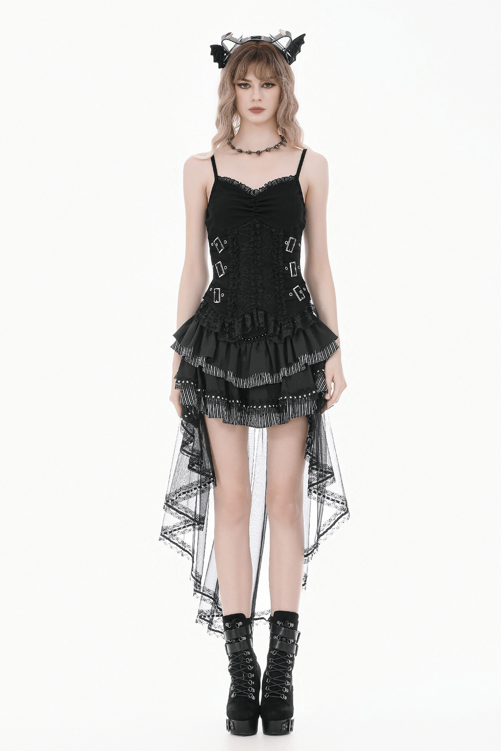 Alternative High Low Ruffle Skirt with Sheer Lace Train