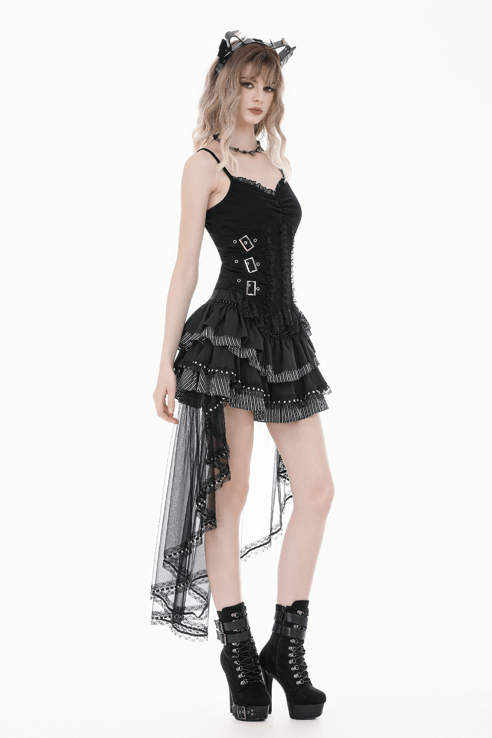Alternative High Low Ruffle Skirt with Sheer Lace Train