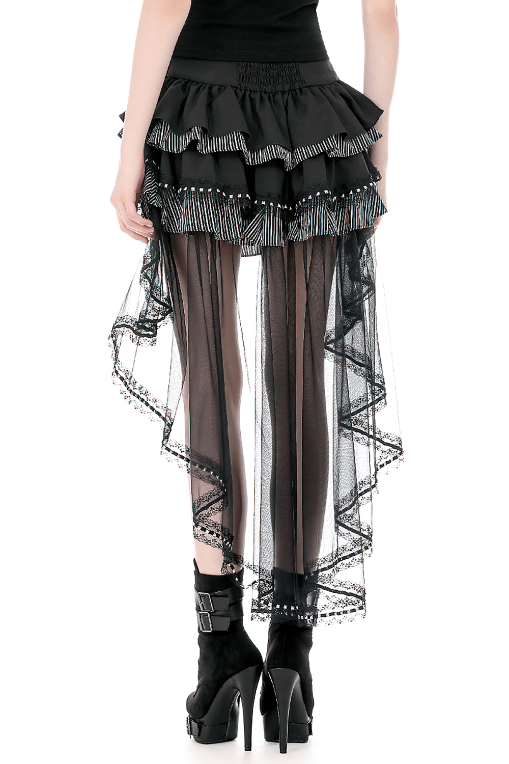 Alternative High Low Ruffle Skirt with Sheer Lace Train