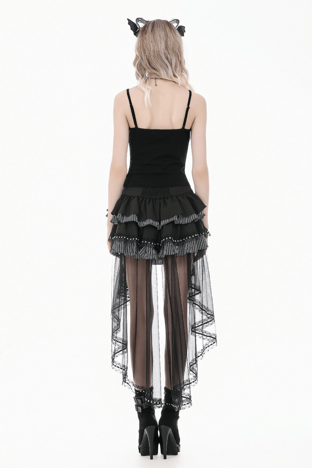 Alternative High Low Ruffle Skirt with Sheer Lace Train