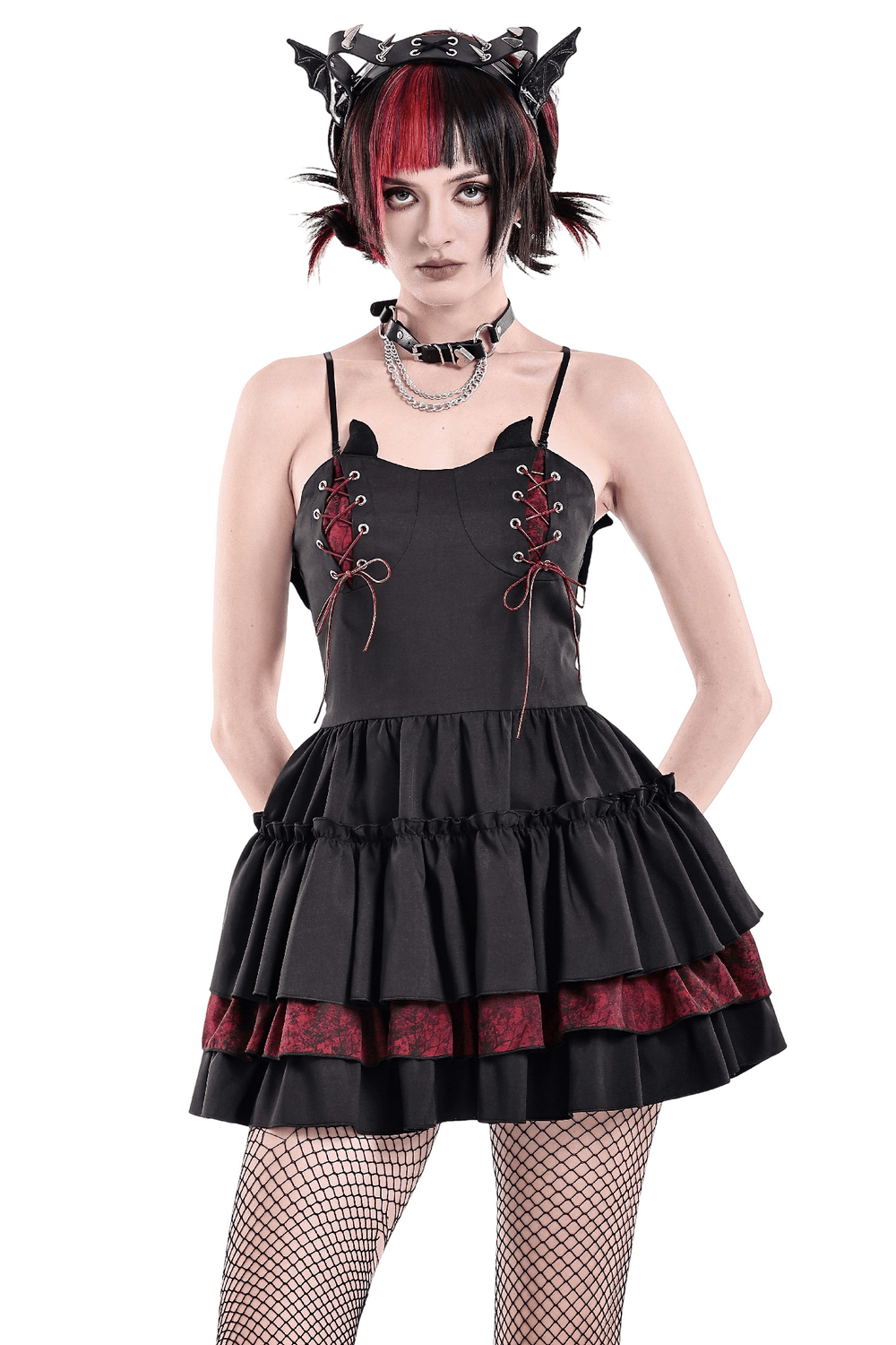 Alternative Lace-Up Ruffle Mini Dress with Bat Straps