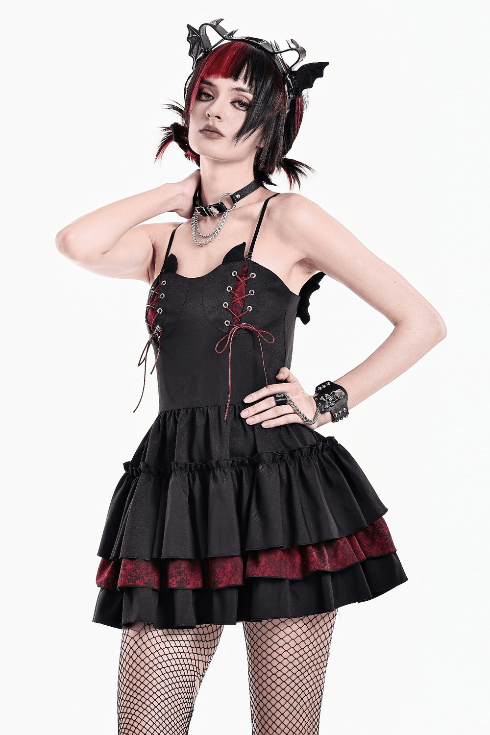 Alternative Lace-Up Ruffle Mini Dress with Bat Straps