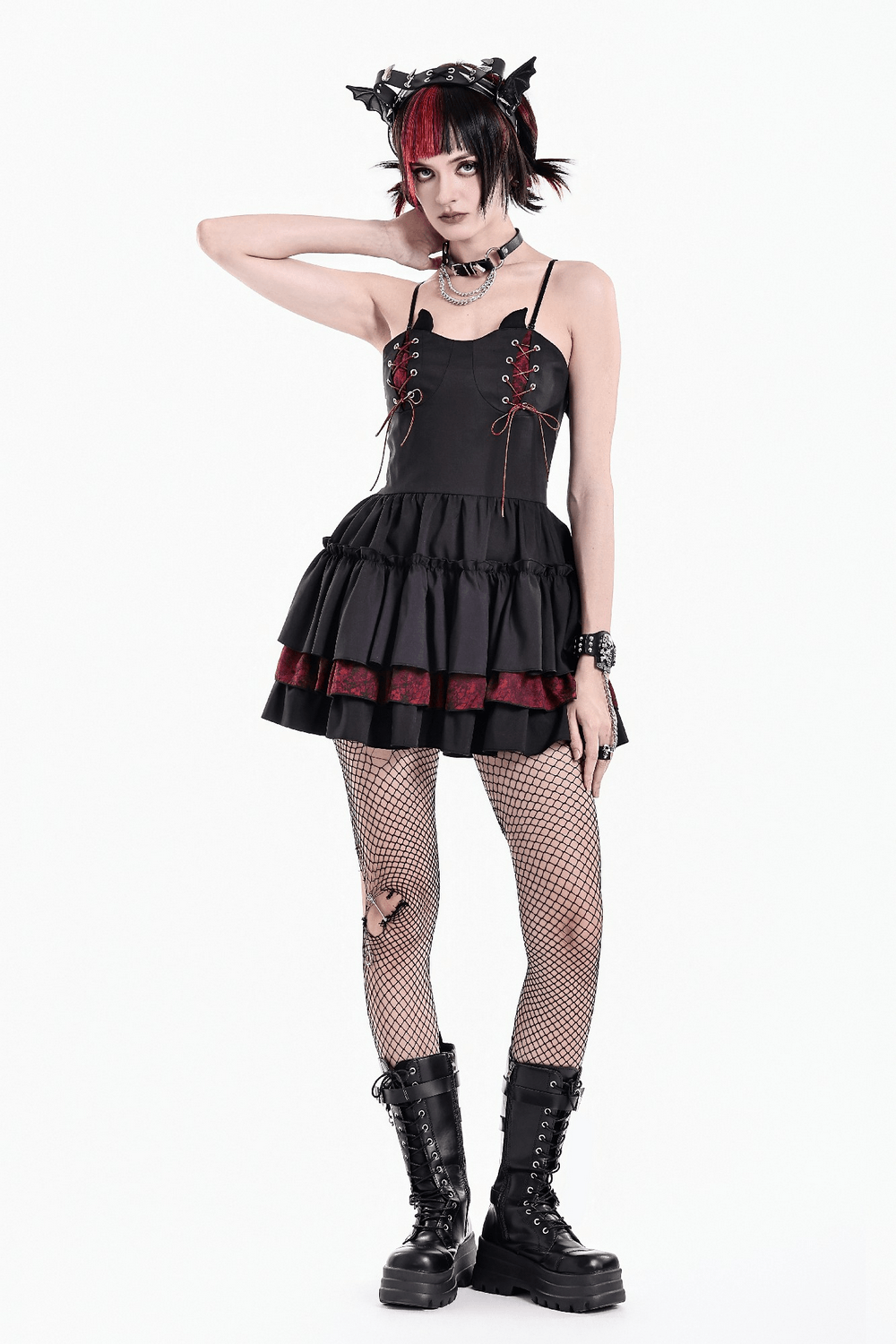 Alternative Lace-Up Ruffle Mini Dress with Bat Straps