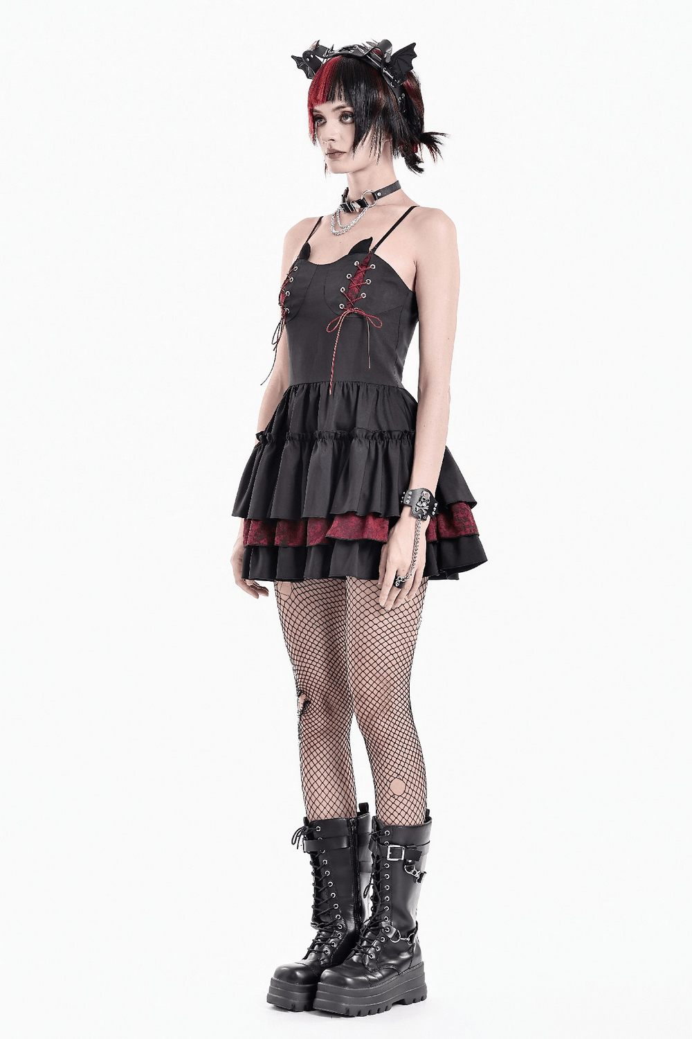 Alternative Lace-Up Ruffle Mini Dress with Bat Straps