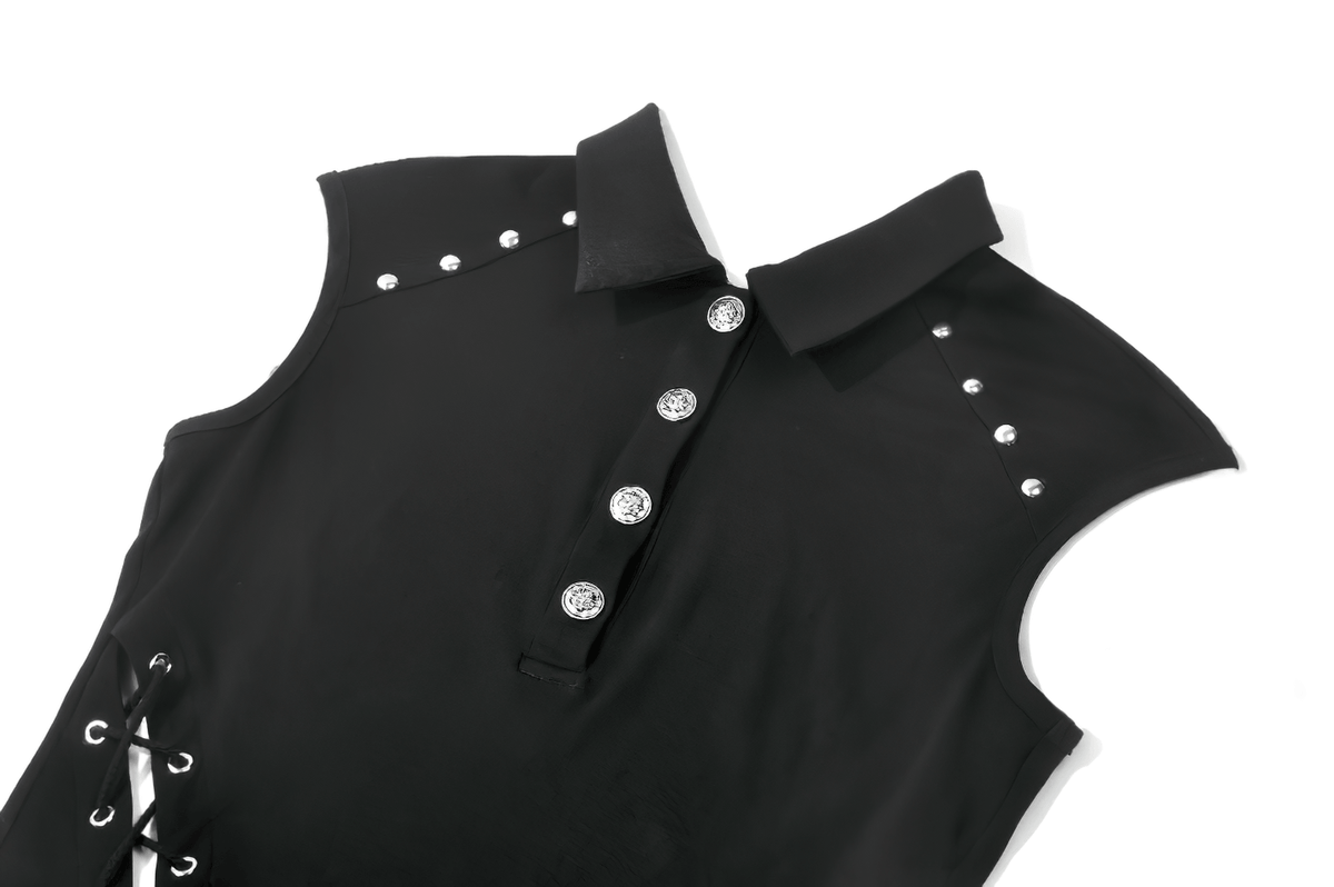 Alternative Sleeveless Collared Top With Side Lace-Up Detail