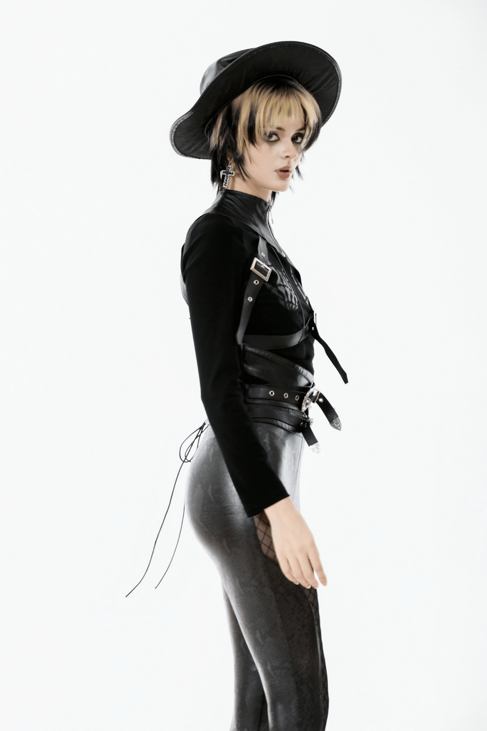 Asymmetric Punk Leather Shoulder Cape with Strap Detailing