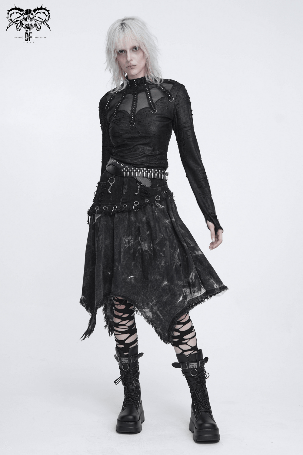 Asymmetric Skirt with Rings and Frayed Hem for Women
