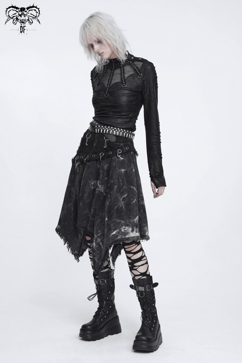 Asymmetric Skirt with Rings and Frayed Hem for Women