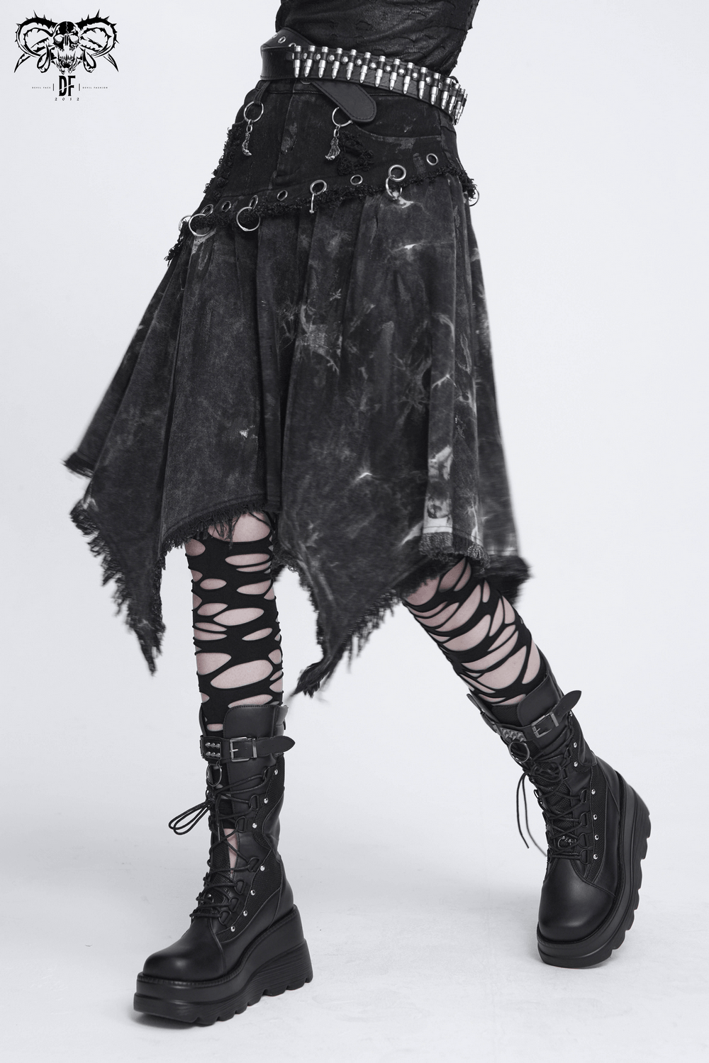 Asymmetric Skirt with Rings and Frayed Hem for Women