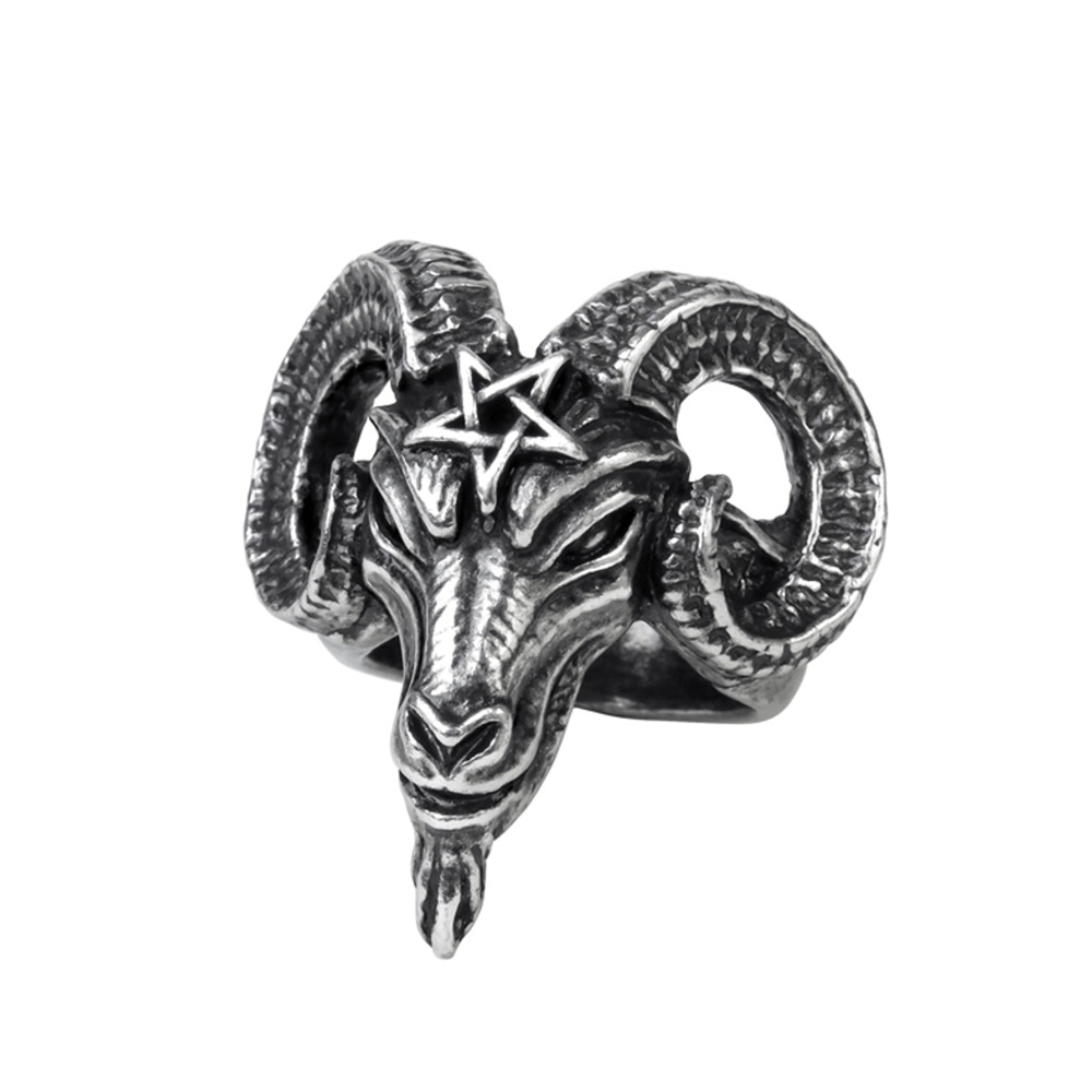 Baphomet Goat Head Ring with Pentagram Detail in Pewter