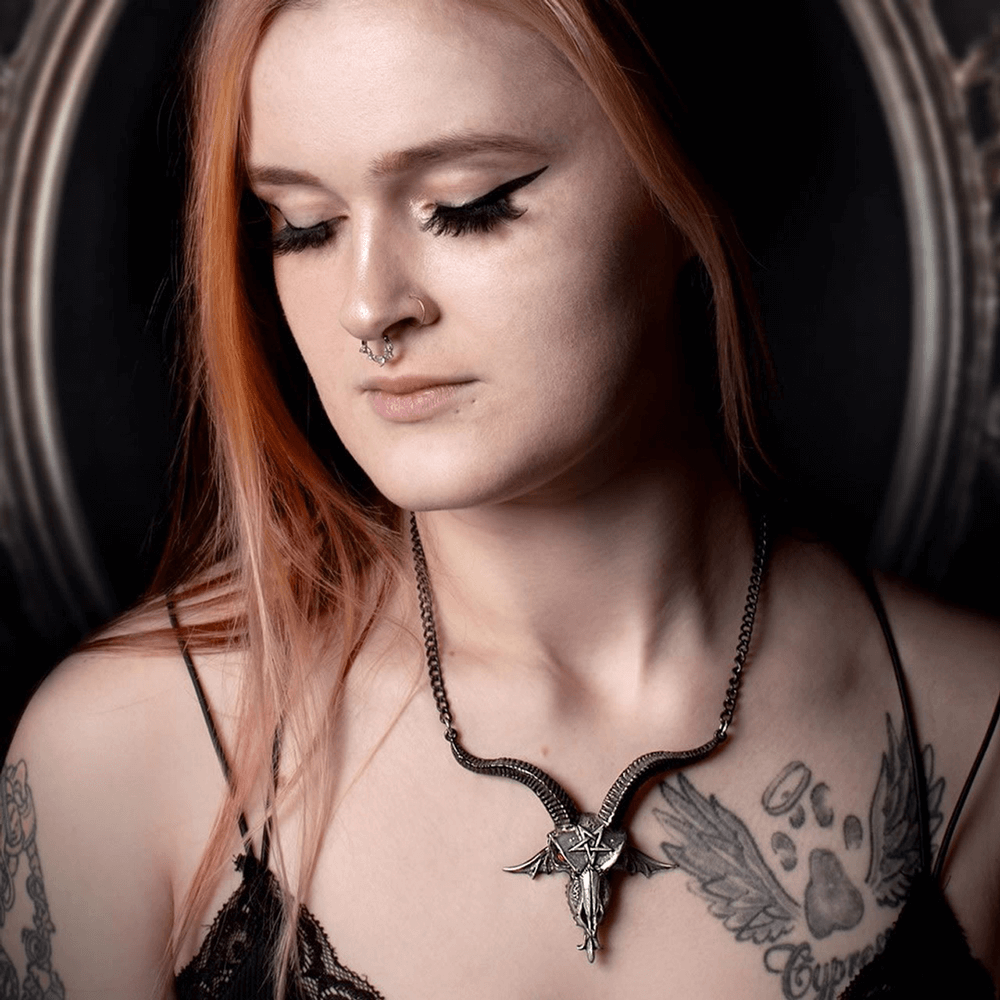 Baphomet Skull Necklace with Red Crystal Eyes and Horns