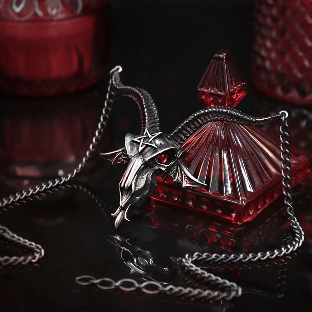 Baphomet Skull Necklace with Red Crystal Eyes and Horns