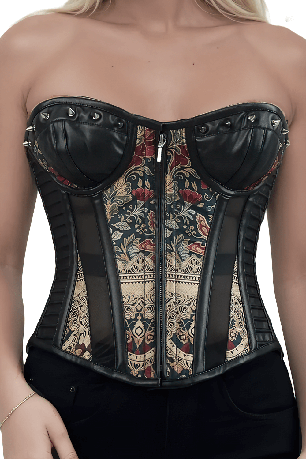 Baroque Floral Overbust Corset with Faux Leather