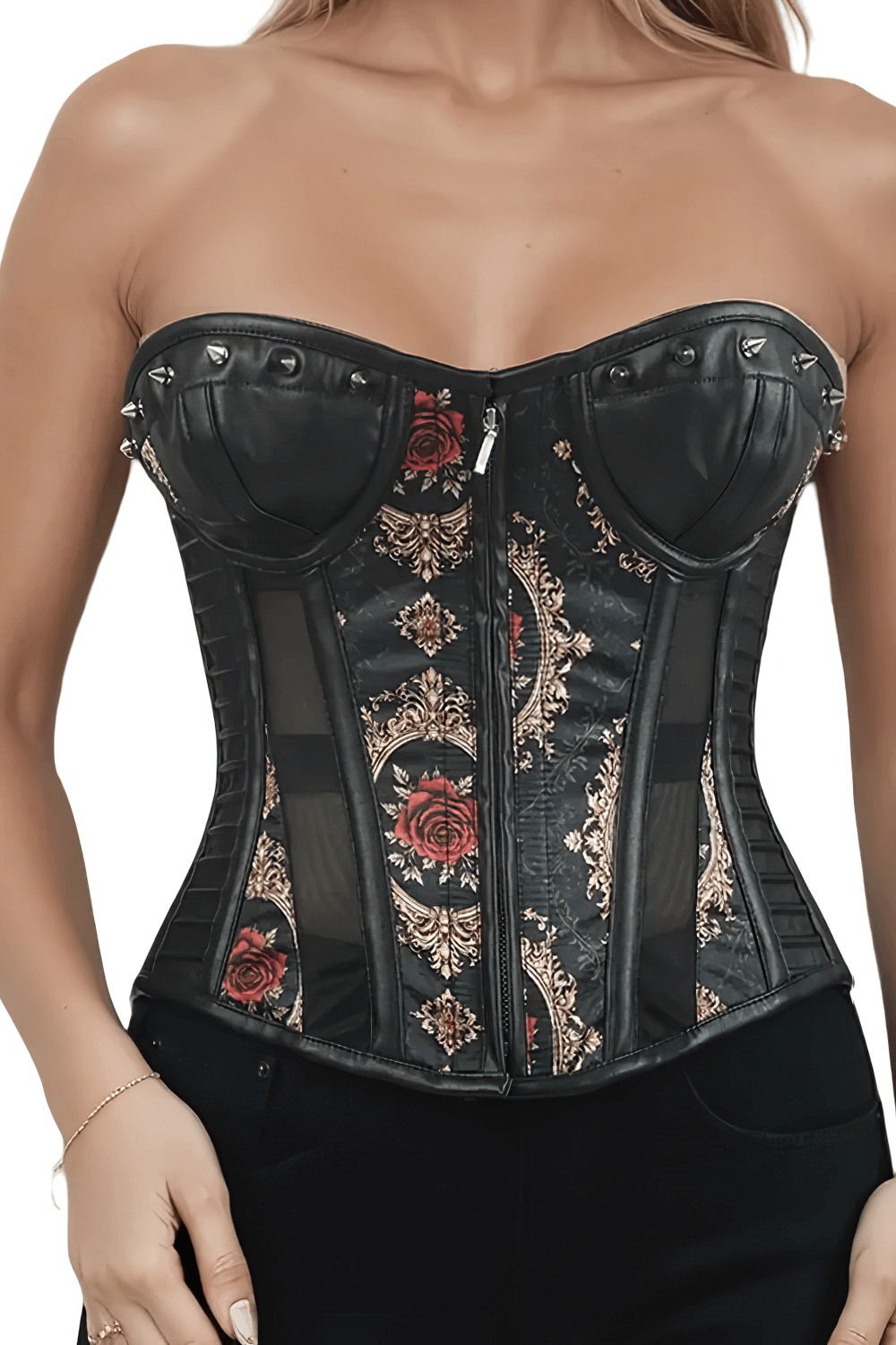 Baroque Red Rose Overbust Corset with Faux Leather Panels