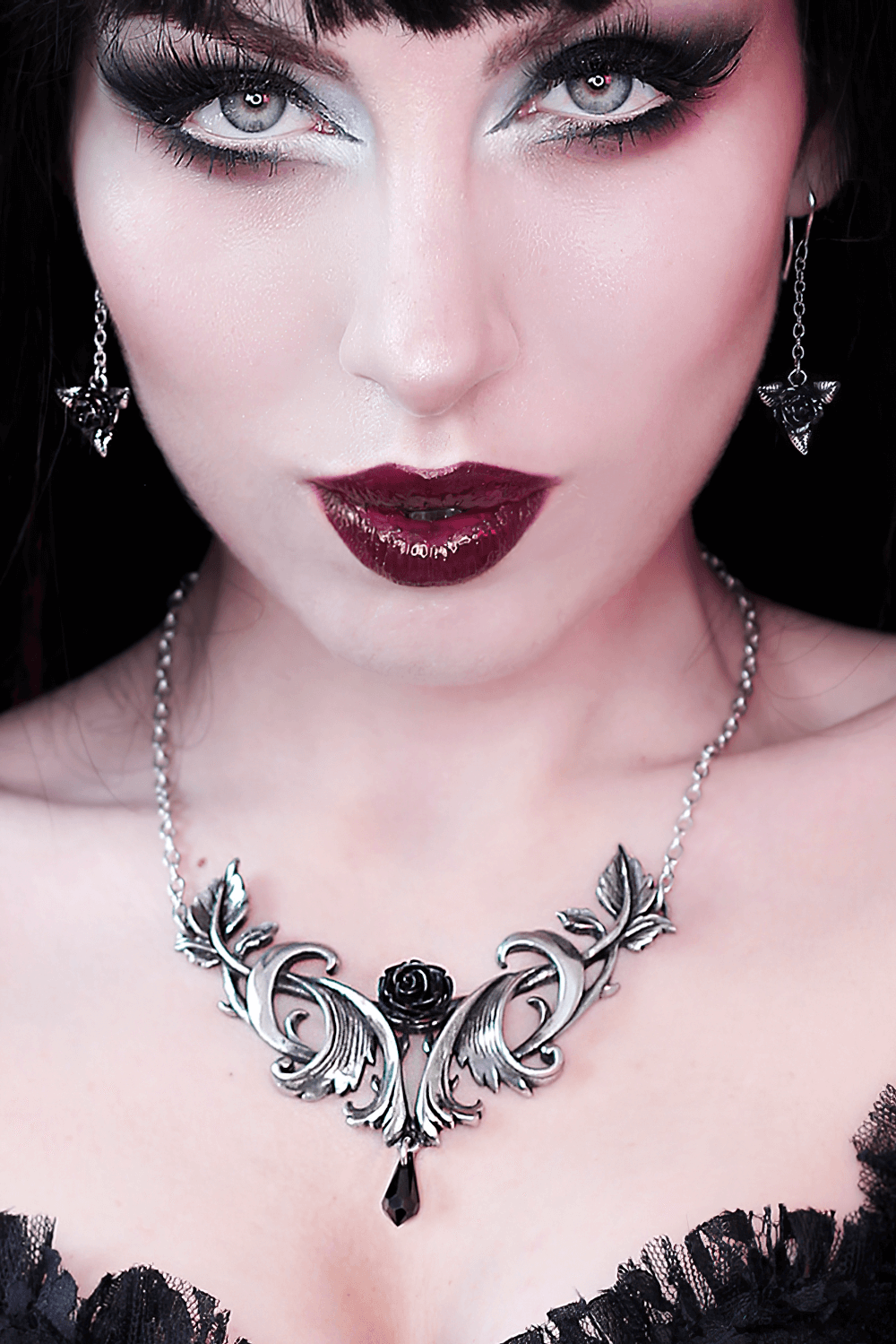Baroque Rose Pendant with Black Austrian Crystal Drop