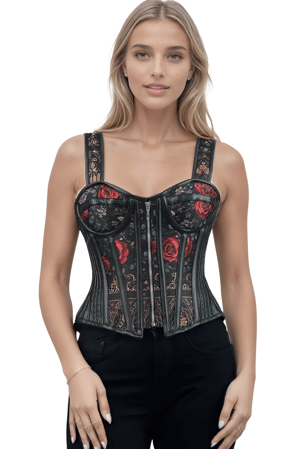 Baylee Red Rose and Baroque Print Overbust Corset