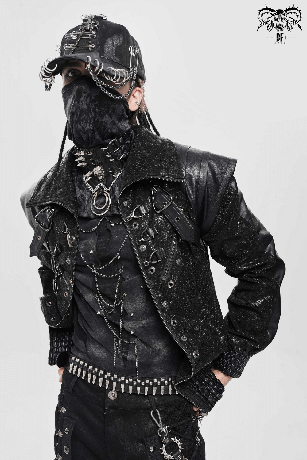 Biker Black Jacket with Buckles and Leather Details