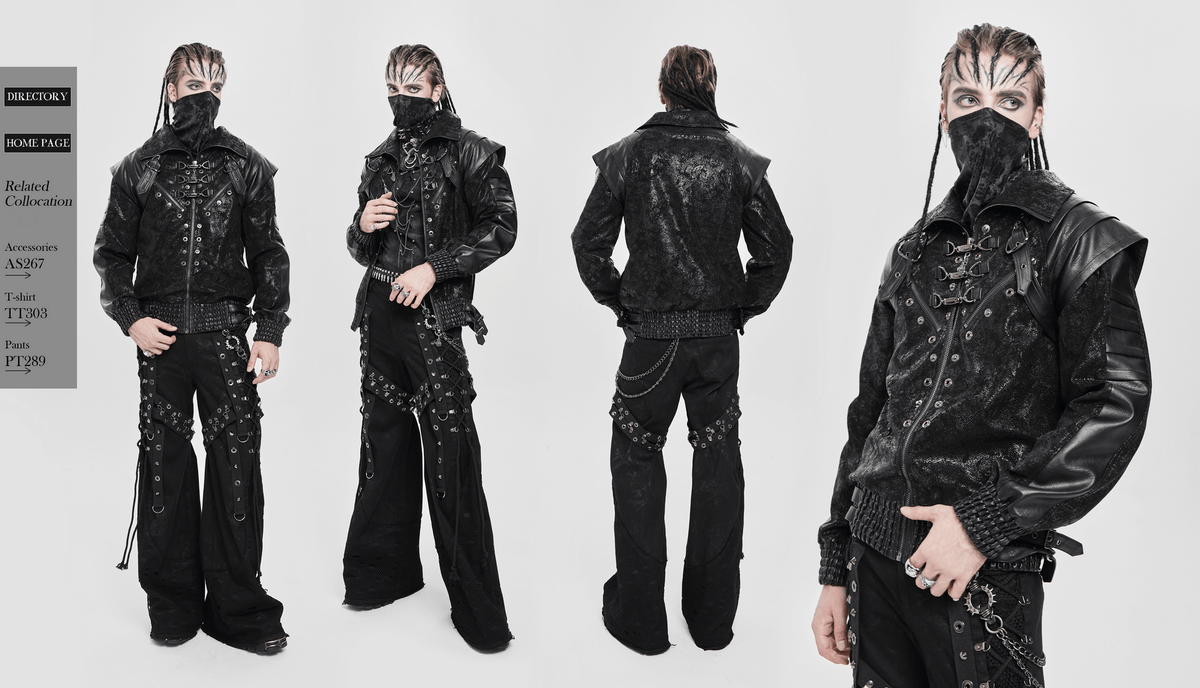 Biker Black Jacket with Buckles and Leather Details