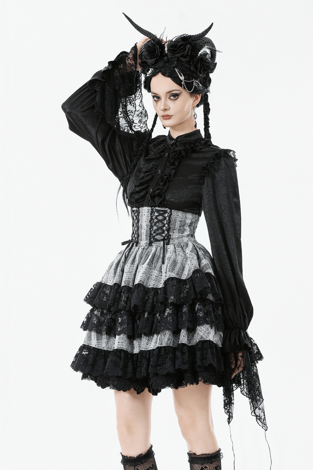 Black and Gray Lolita High-Waist Tiered Lace Skirt
