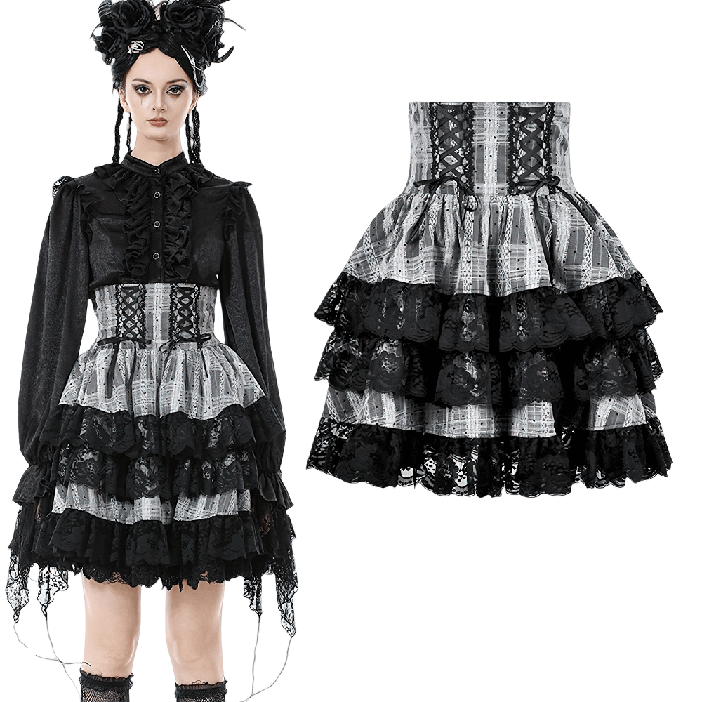 Black and Gray Lolita High-Waist Tiered Lace Skirt