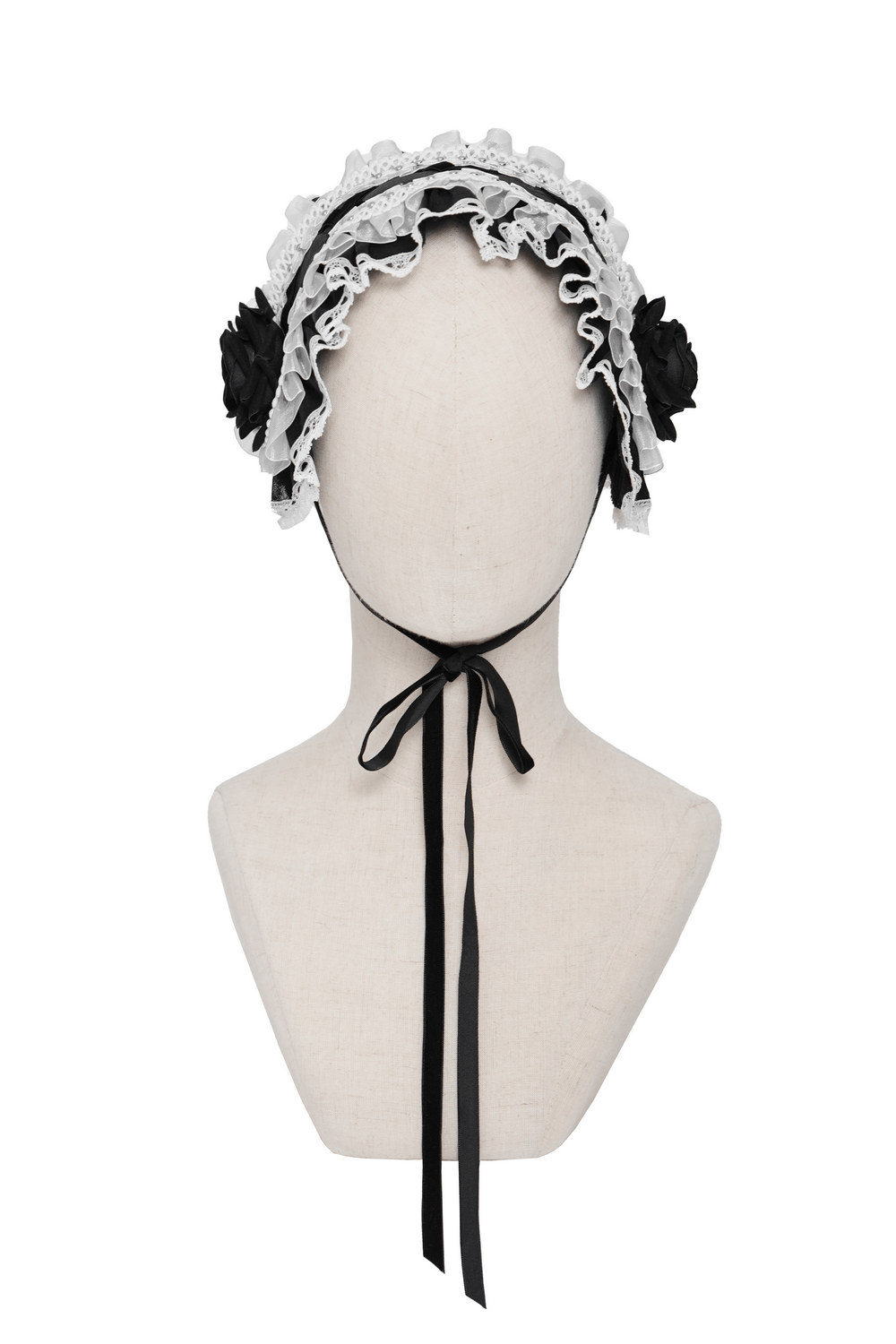 Black and White Gothic Lolita Lace Bonnet with Roses