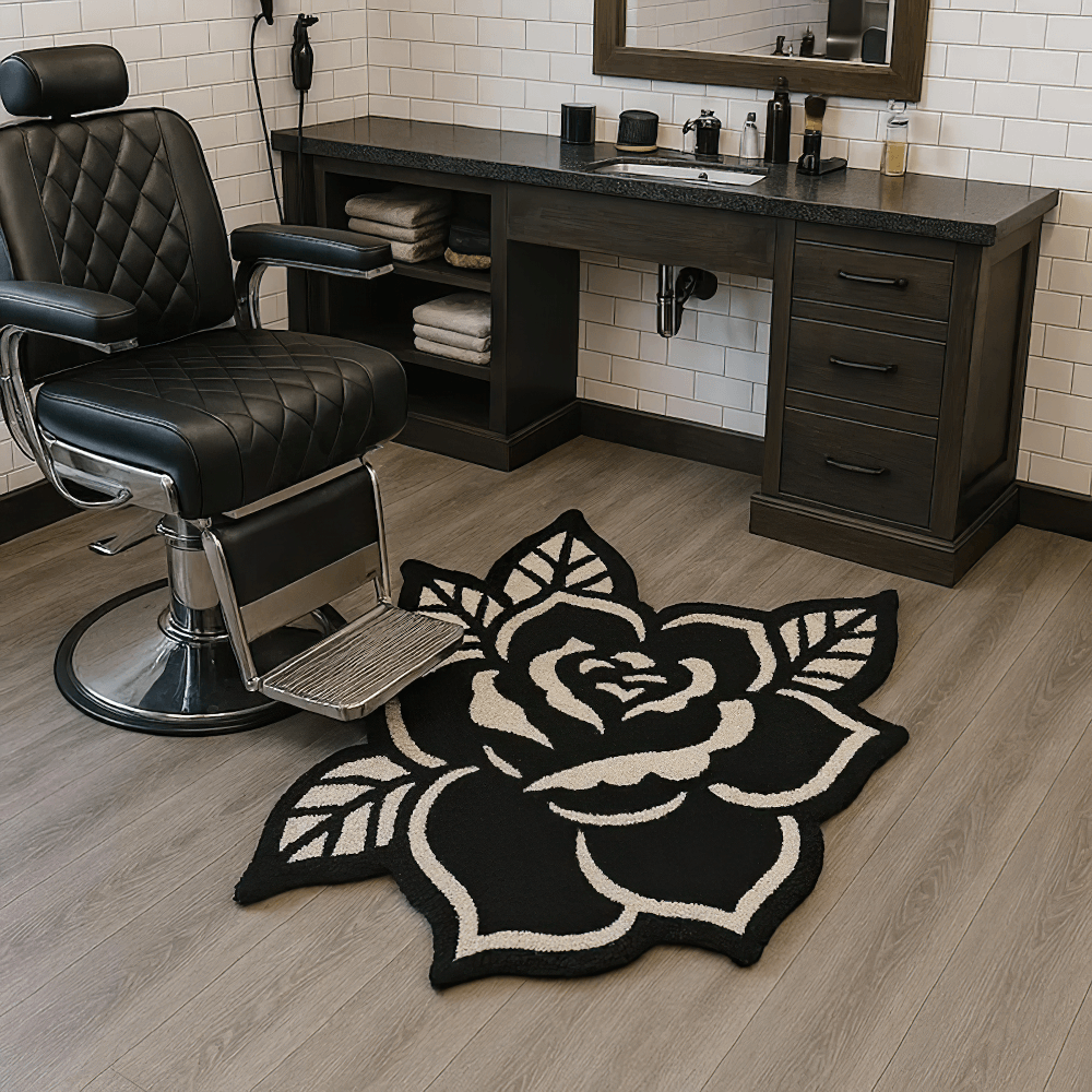 Black and White Rose Shaped Anti-Slip Area Rug