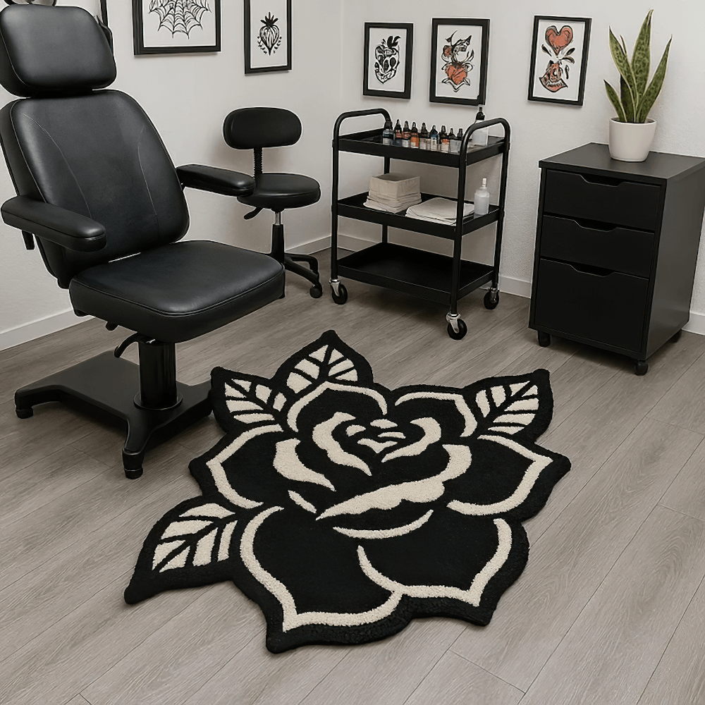 Black and White Rose Shaped Anti-Slip Area Rug