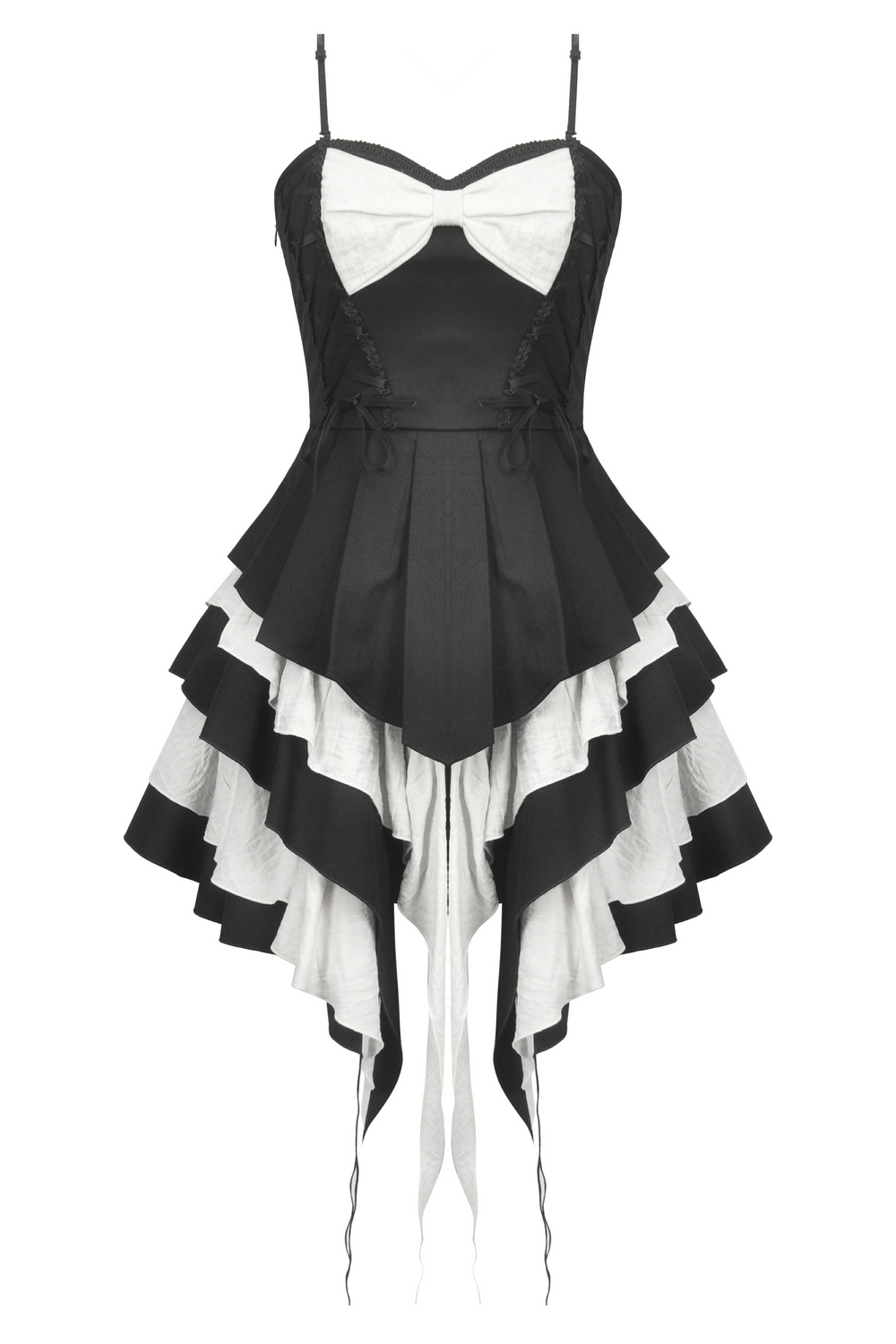 Black and White Ruffled Gothic Dress with Lace and Bow