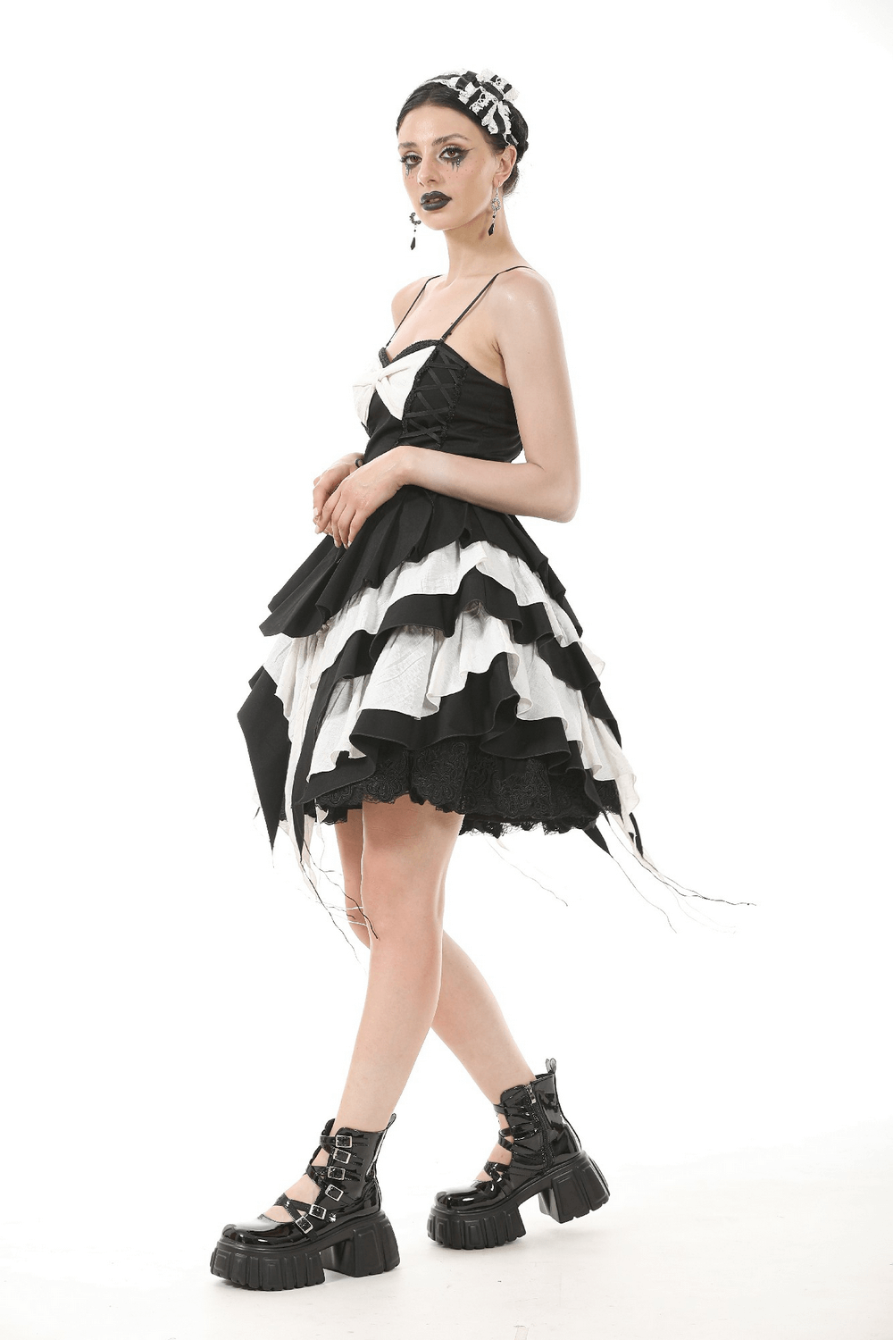 Black and White Ruffled Gothic Dress with Lace and Bow