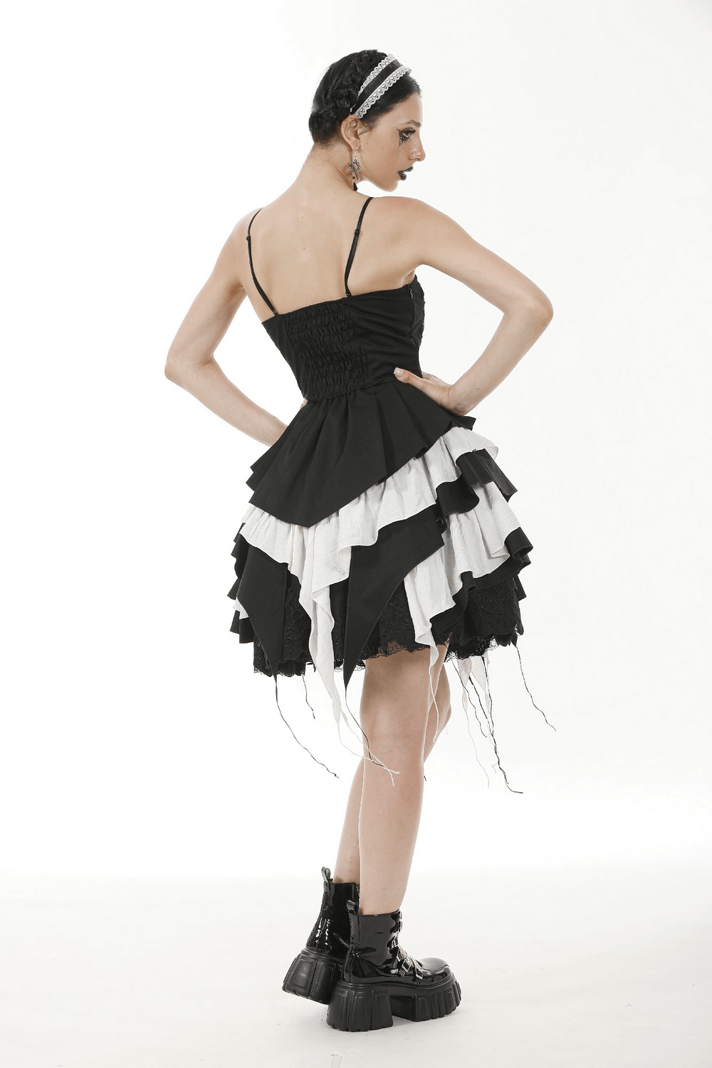Black and White Ruffled Gothic Dress with Lace and Bow