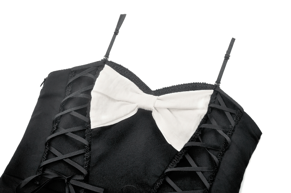 Black and White Ruffled Gothic Dress with Lace and Bow