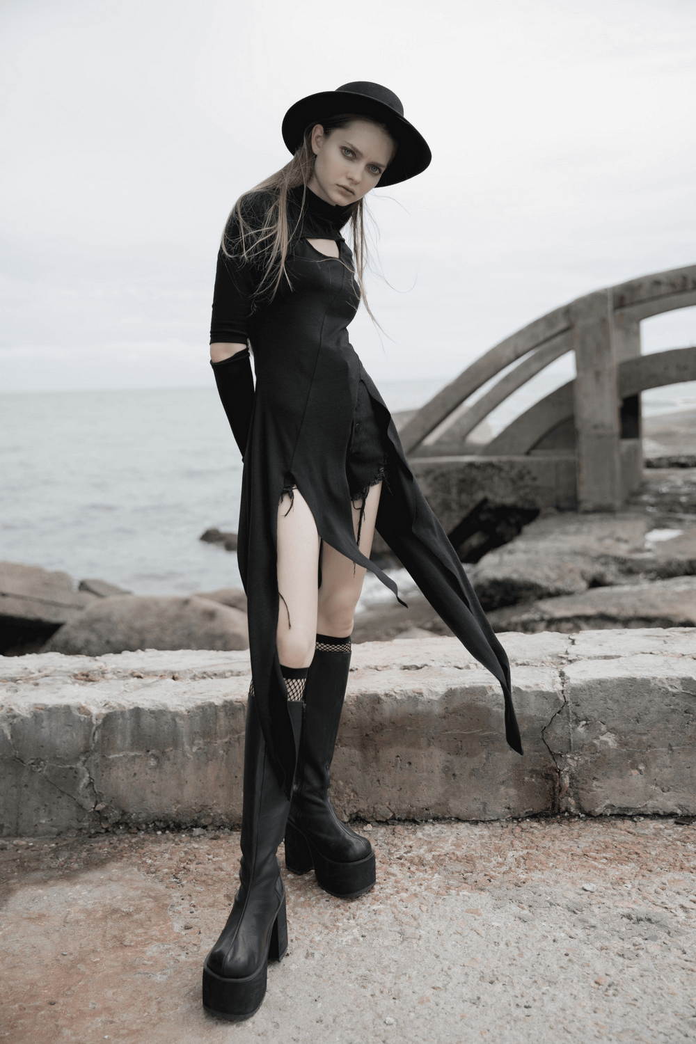 Black Asymmetric Knit Dress with Sleeve Cut-Outs