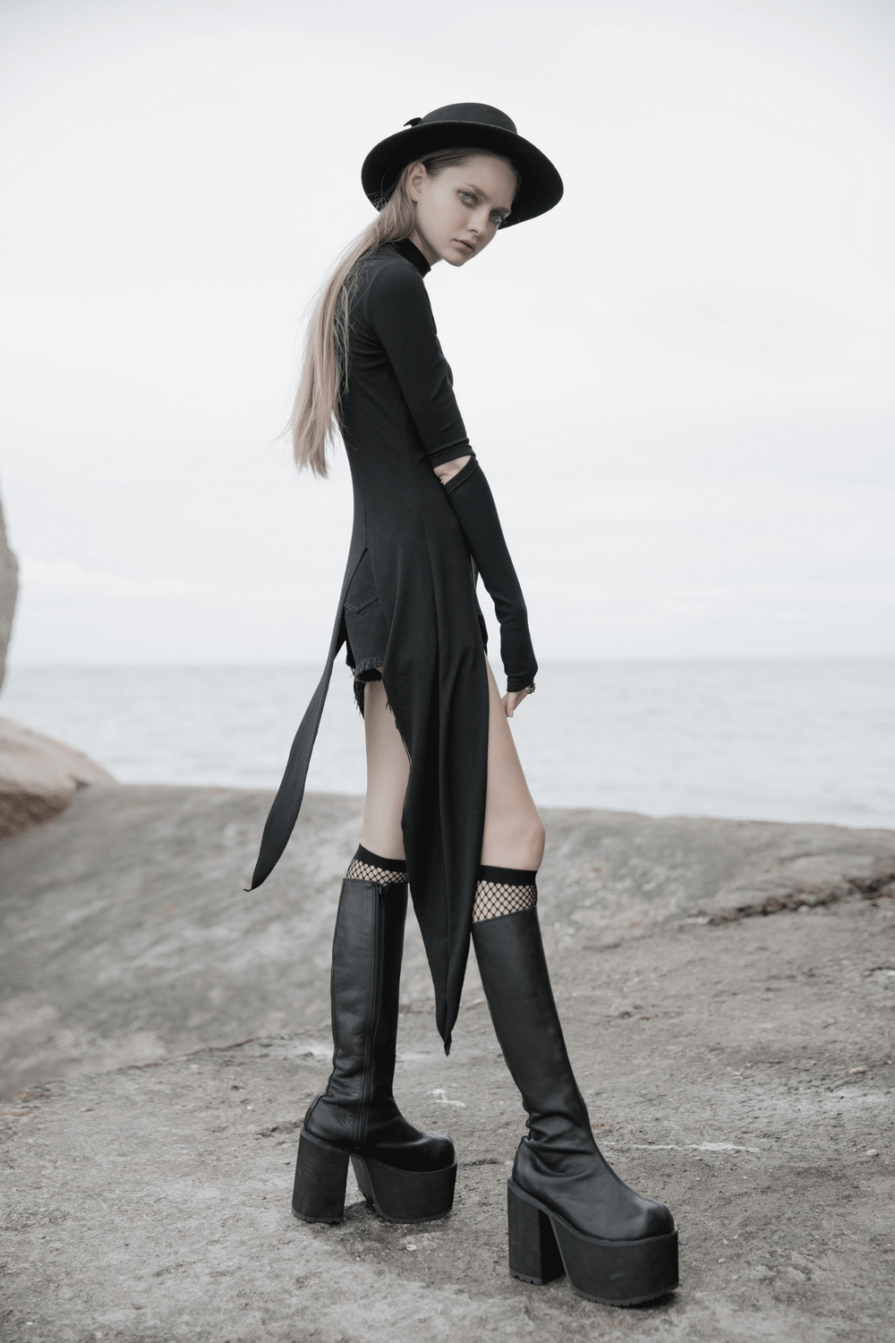 Black Asymmetric Knit Dress with Sleeve Cut-Outs