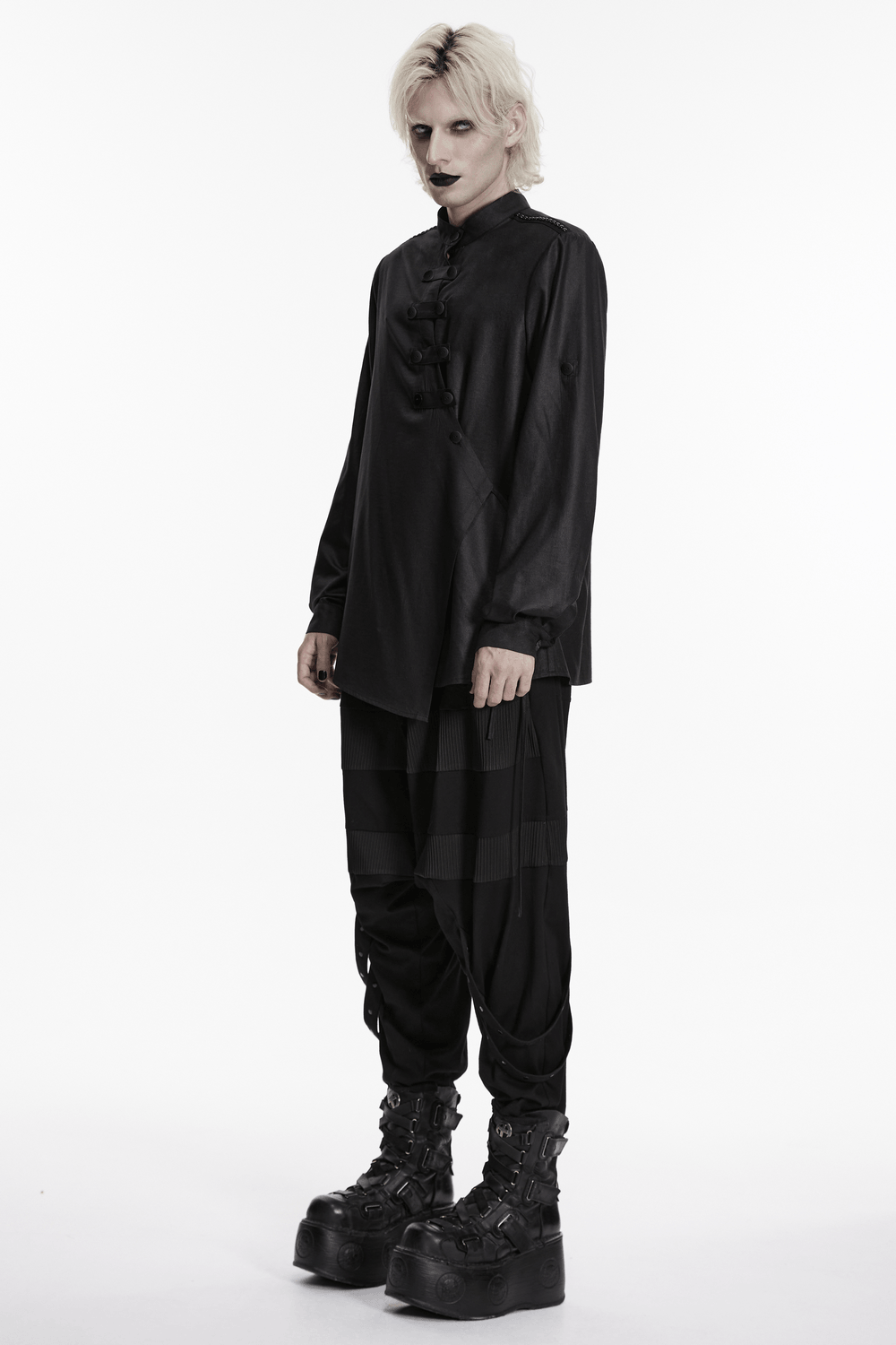 Black Asymmetric Punk Shirt with Hardware Straps
