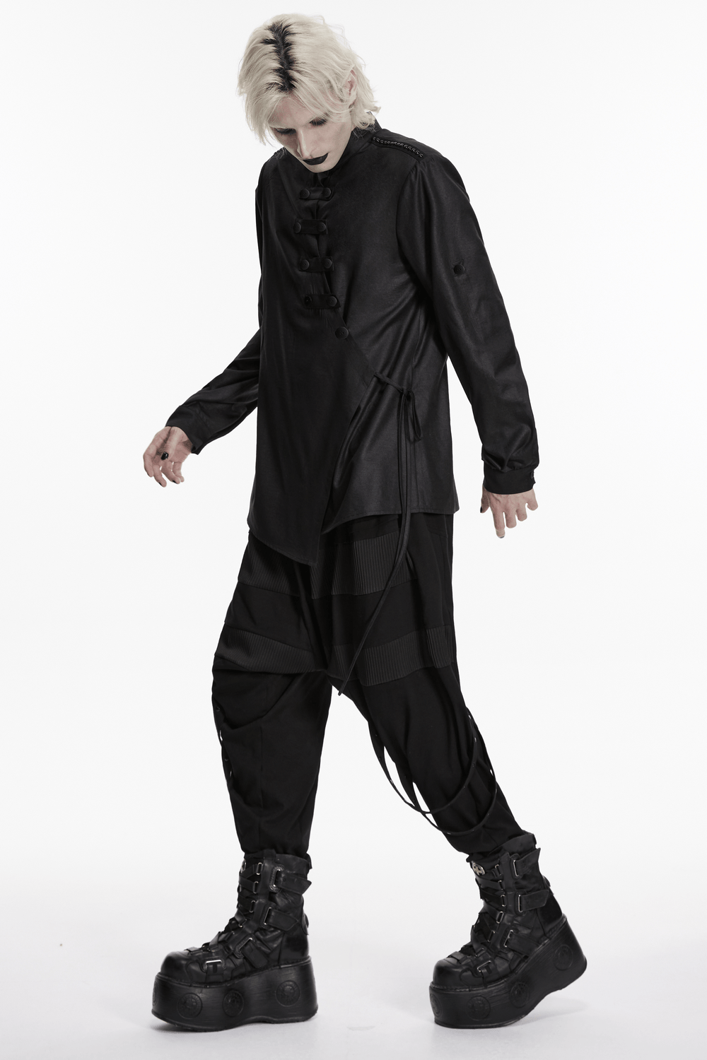 Black Asymmetric Punk Shirt with Hardware Straps