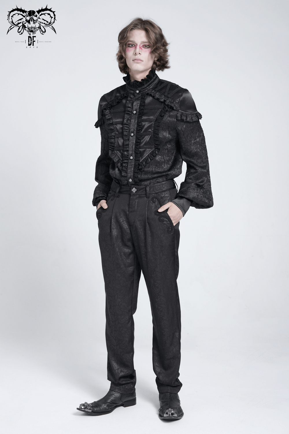 Black Brocade Gothic Pants with Embroidered Details