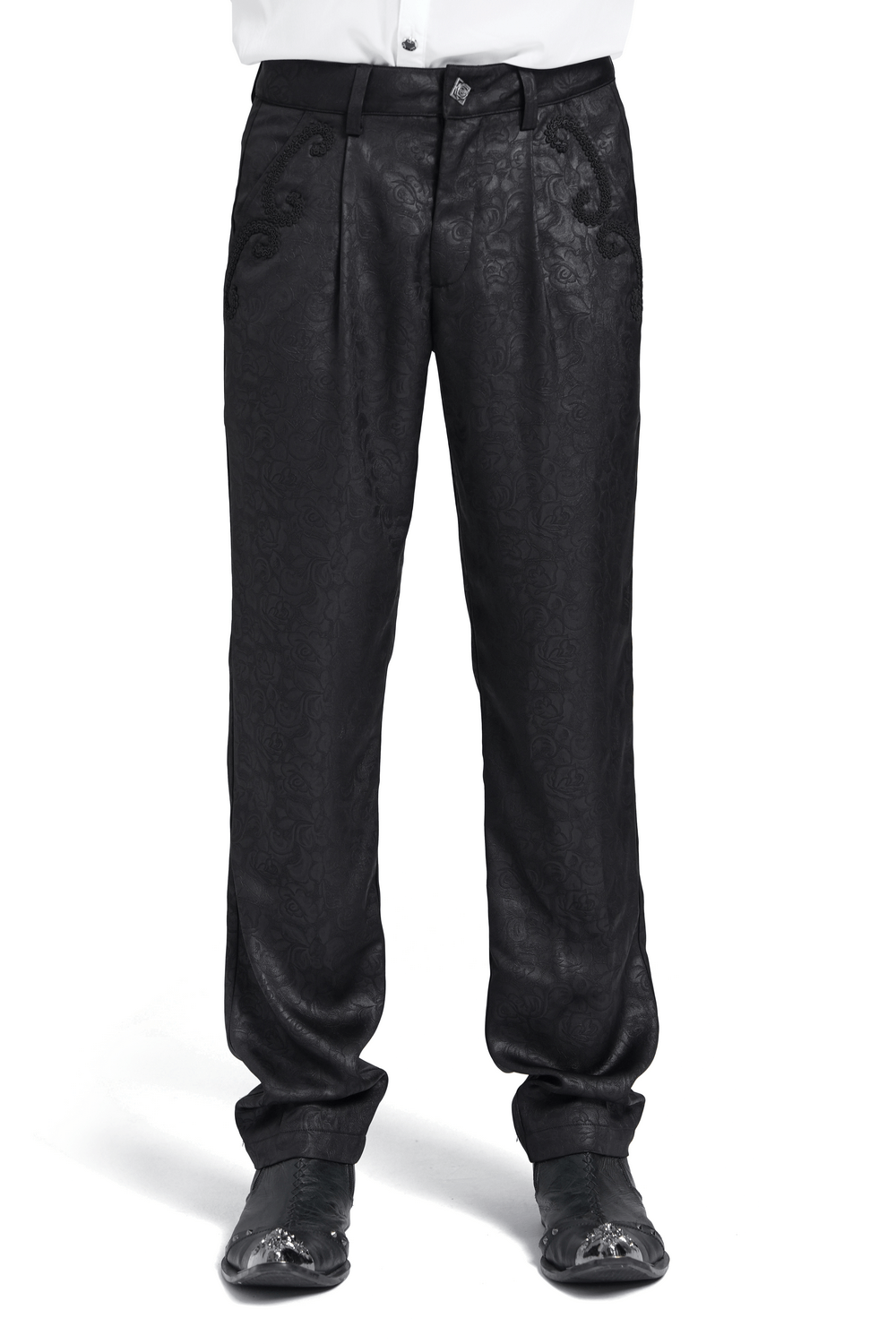 Black Brocade Gothic Pants with Embroidered Details