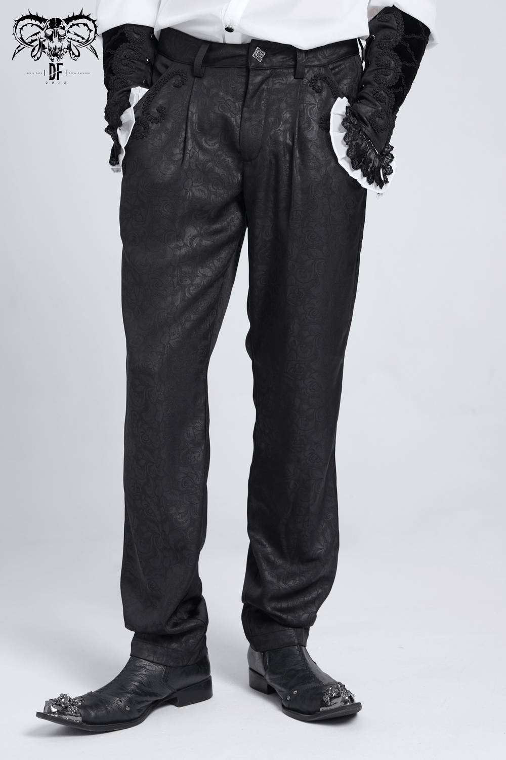Black Brocade Gothic Pants with Embroidered Details