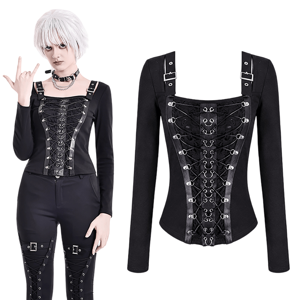 Black Buckle Strap Top with Gothic Corset Lace-Up Front
