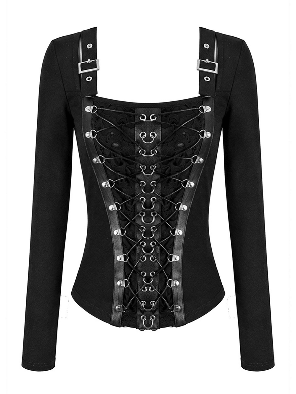Black Buckle Strap Top with Gothic Corset Lace-Up Front