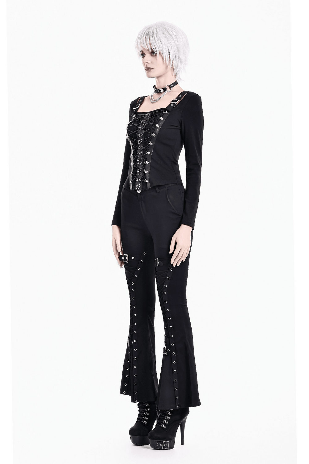 Black Buckle Strap Top with Gothic Corset Lace-Up Front
