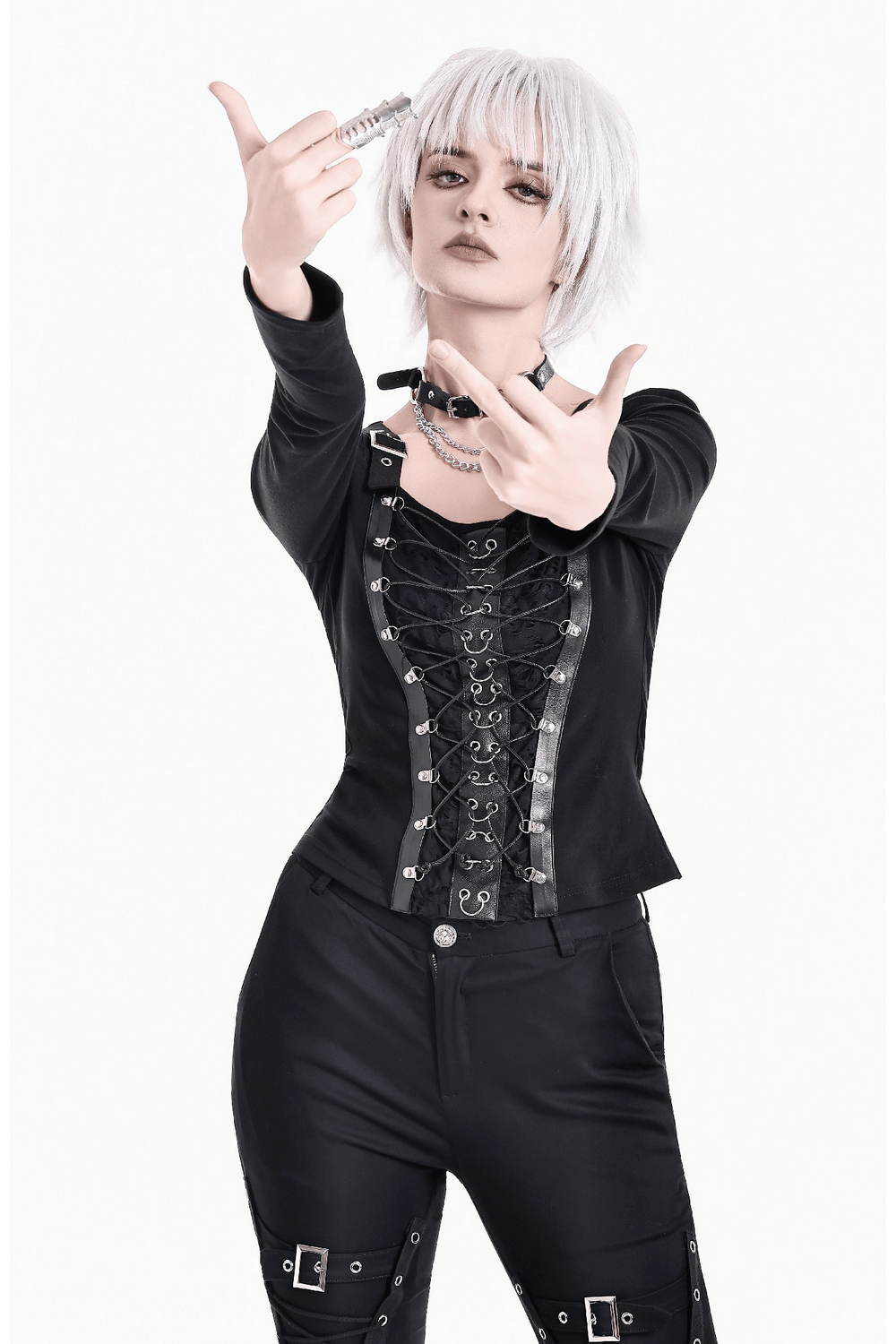 Black Buckle Strap Top with Gothic Corset Lace-Up Front