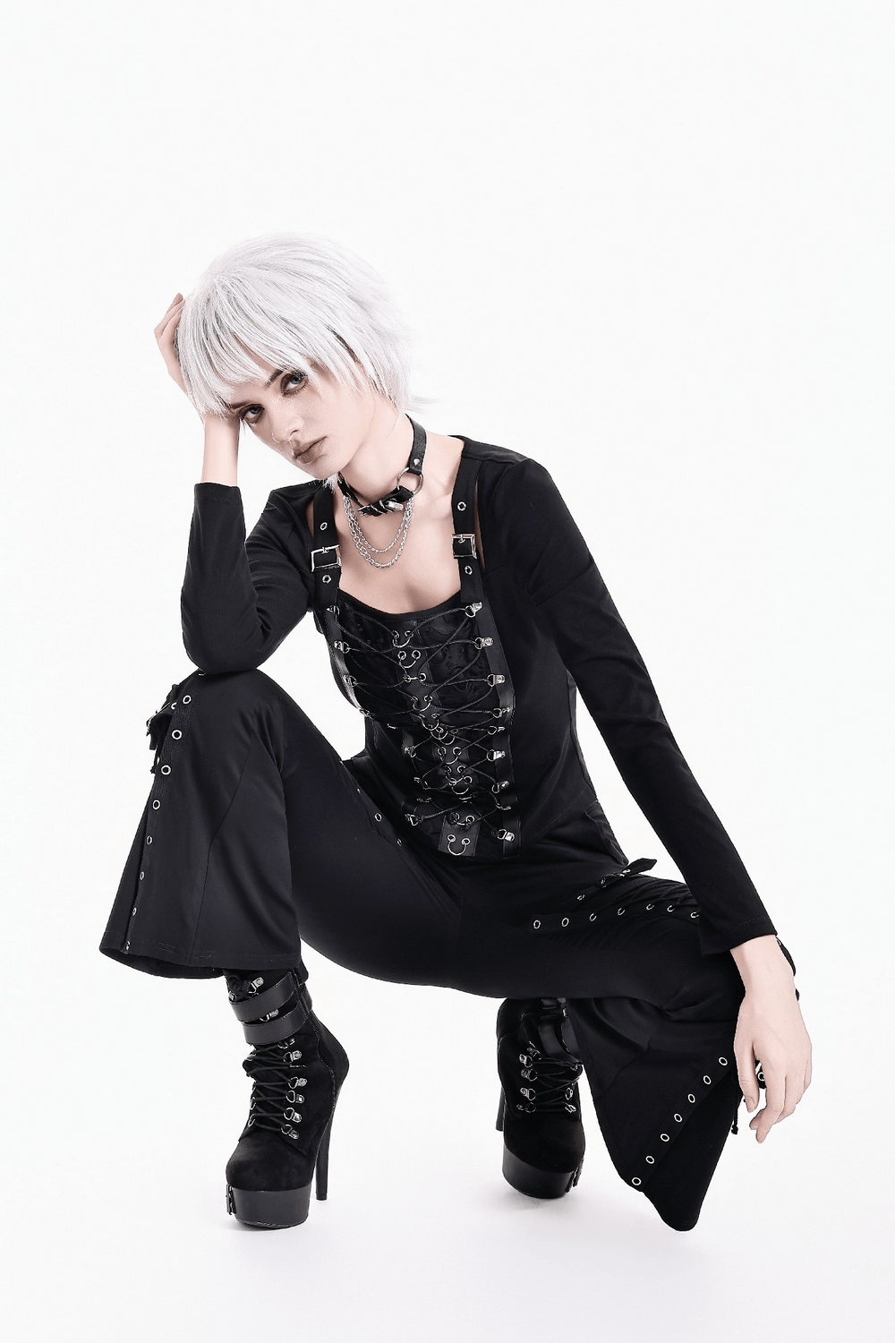 Black Buckle Strap Top with Gothic Corset Lace-Up Front