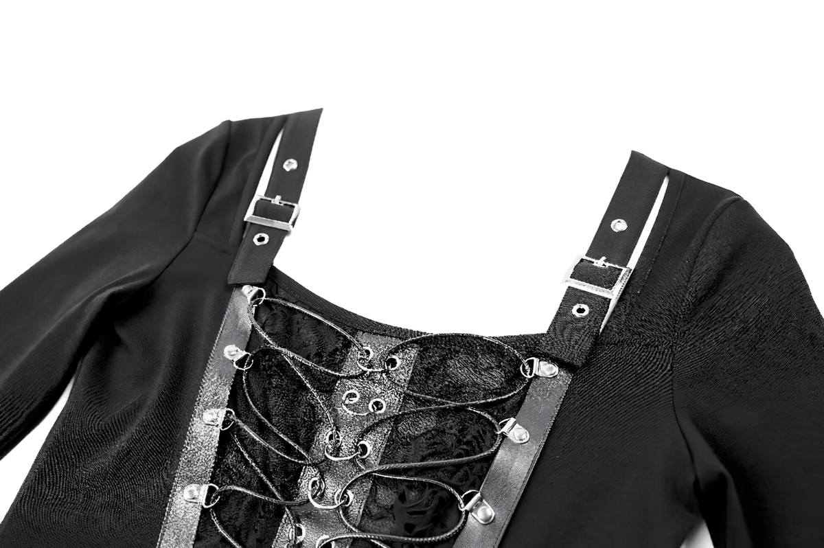 Black Buckle Strap Top with Gothic Corset Lace-Up Front