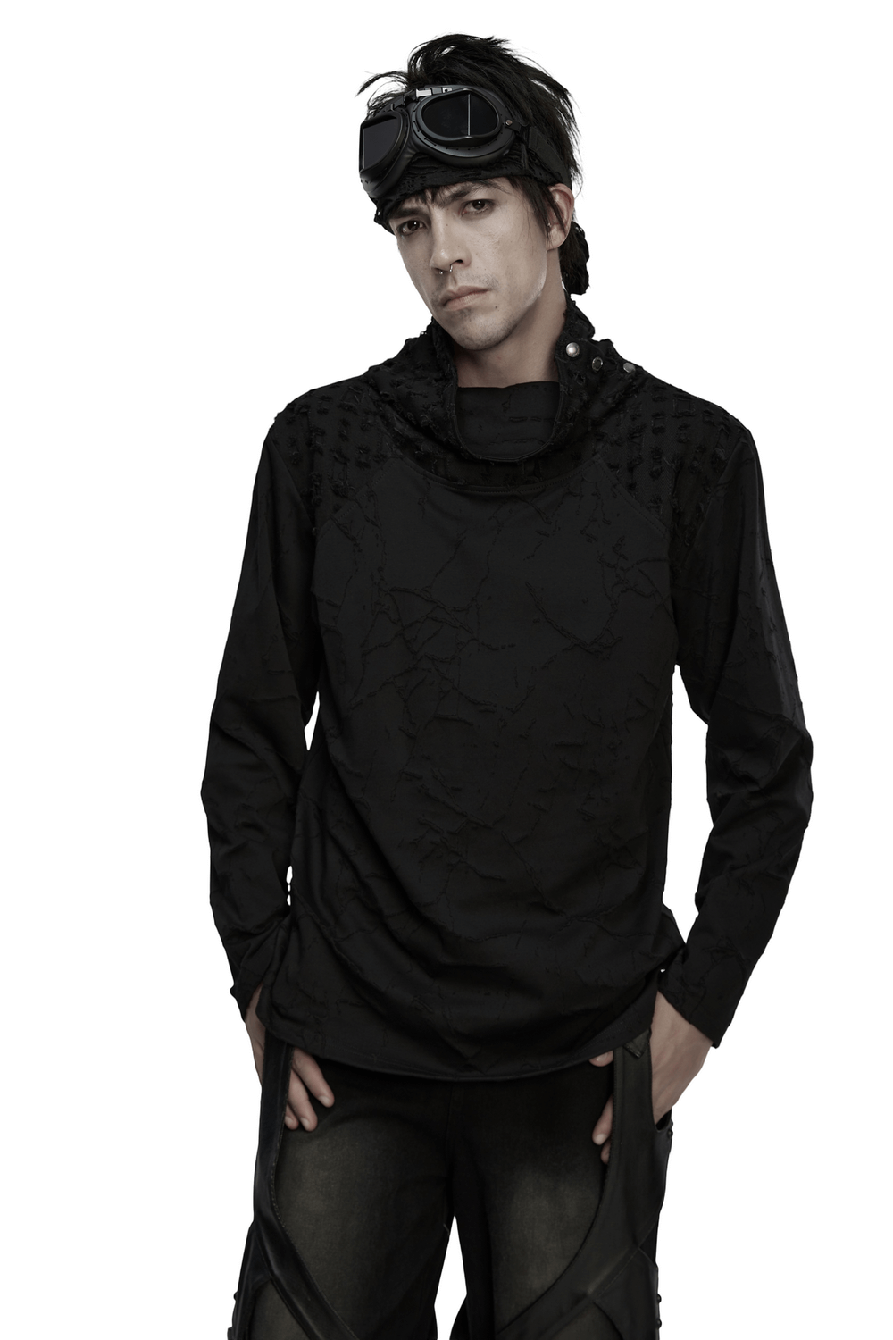 Black Burnout Knit Gothic Top with Stand Collar Design